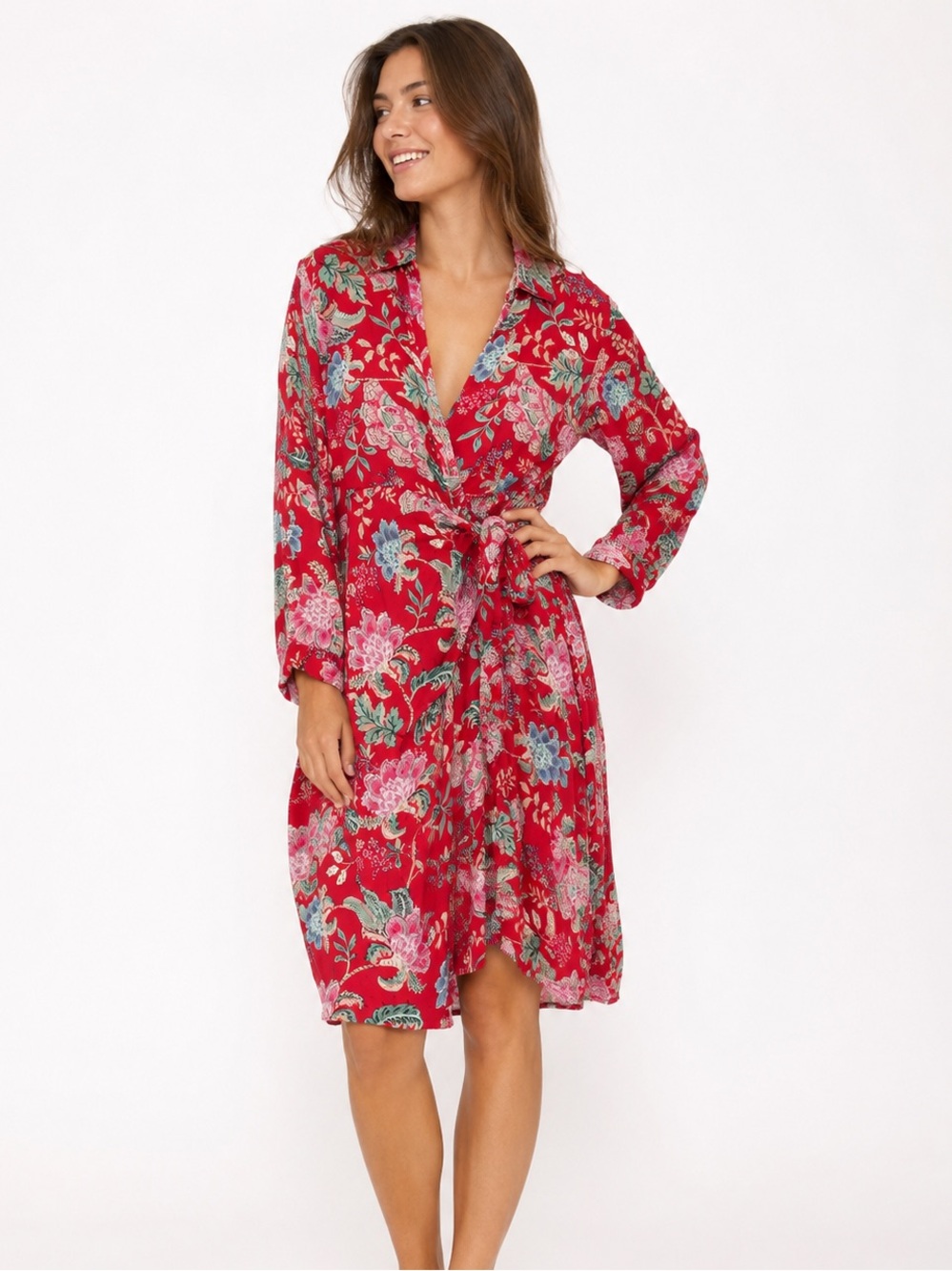Boho Floral Red Wrap Midi Dress